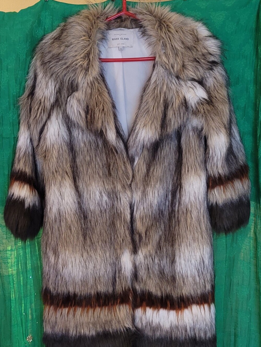 River Island Faux Fur Trench Coat in Natural Grey and Brown Tones